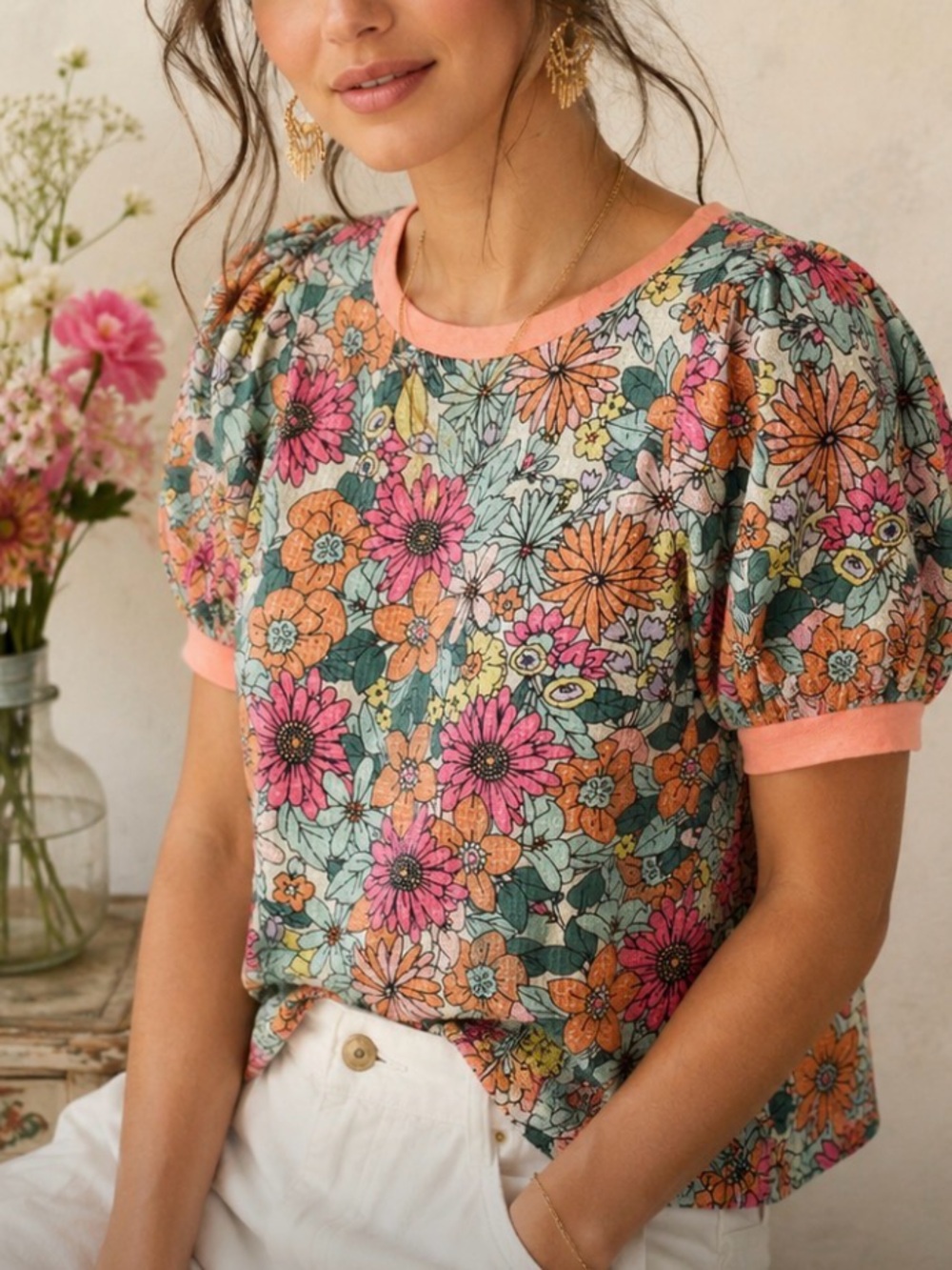 BiBi Floral Puff Sleeve Top in Coral, Pink, Green